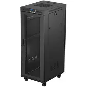 Lanberg FF01 series - Rack kabinet - 600 x 800, fladpakke, med mesh-dør, LCD - med LCD skærm, termostat, 4 køleblæsere - fritstående, gulvstående - sort, RAL 9004 - 32U - 19
