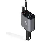 24hShop AutoSky 4-i-1 biloplader med udtrækkelige Lightning- og USB-C-kabler