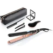 Eta Fenite Hair Straightener Gift Set with Ceramic Plates, LCD Display, Brush, Comb, Hair Clips, and Case