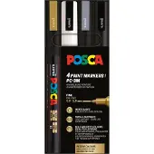 Posca Tuscher - PC-3M - 4 stk. - Guld/Hvid/Sølv/Sort - - OneSize - Tusch