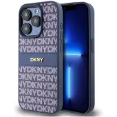 DKNY læderetui med monostribe og metallogo til iPhone 15 Pro - blå