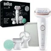 Braun Silk-épil 9 SkinSpa All-in-One Set Epilator for Women Long-Lasting Hair Removal Shaver Attachment Massage Attachment White/Pink 9-080 SkinSpa