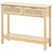 Vevor Rattan Konsolbord med 2 opbevaringsskuffer, Rattan Entrebord med Naturlig Rattan Skydedør, Konsol Sofabord til Stue, Arbejdsværelse, Entre eller TV-væg, Naturlig