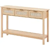 Vevor Rattan Konsolbord med 3 opbevaringsskuffer, Rattan Entrebord med Naturlig Rattan Skydedør, Konsol Sofabord til Stue, Arbejdsværelse, Entre eller TV-væg, Naturlig