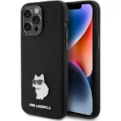Karl Lagerfeld Silikone Choupette Metal Pin etui til iPhone 15 Pro Max - sort