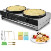Vevor elektrisk crepemaskine, 16-tommer dobbelthoved kommerciel crepemaskine, 6000W flad plade crepebageplade, non-stick rustfri stål pandekagebagning, bordcirkulær kornpandekageovn, temperaturkontrol