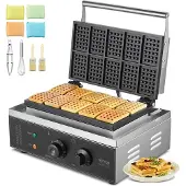 Vevor kommerciel vaffeljern, 10 stk. rektangulær vaffelbagemaskine, 1550W non-stick belgisk vaffeljern i rustfrit stål med temperatur- og tidskontrol, håndtag, til restaurant, bageri, snackbarfamilie