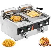 Vevor Kommerciel Frituregryde, Dobbelt Tank 3500W Elektrisk Bordpladefrituregryde, 2 x 9Qt / 8,5L Dobbelt Oliefrituse med 2 Kurve, 1 mm Fortykket Rustfrit Stål, Tids- og Temperaturkontrol, Til Køkkenr