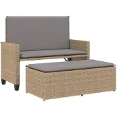 vidaXL havebænk med hynder og fodskammel polyrattan beige