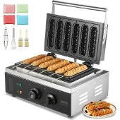 Vevor Kommerciel Vaffelstangsmaskine, 6 stk. 1500W Vaffelbagemaskine, Non-stick Rustfrit Stål Majspølsevaffeljern med Temperatur- og Tidskontrol, Håndtag, til Restaurant Bageri Snackbar Familie