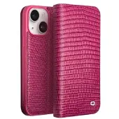 Qialino iPhone 15 Plus Læderpung - Krokodille - Hot Pink