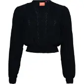 Superdry Superdrytil kvinder. W6011796A Marineblå bluse med smock og kniplingskant (L), Casual, Bomuld, Lange ærmer