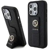 GUESS Grip Stand 4G Saffiano Strass-etui til iPhone 15 Pro Max - sort