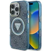 GUESS IML Metal Glitter 4G Circle Triangle MagSafe-etui til iPhone 16 Pro - Blå