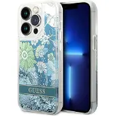 GUESS Flower Liquid Glitter-etui til iPhone 14 Pro Max - grøn