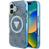GUESS IML Metal Glitter 4G Circle Triangle MagSafe-etui til iPhone 16 - Blå