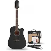 Gear4Music Dreadnought 12-strenget Elektro-akustisk Guitar Sort + Forstærkerpakke