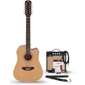 Gear4Music Dreadnought 12-strenget Elektro-akustisk Guitar Naturlig + Forstærkerpakke