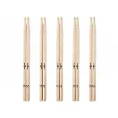 Gear4Music 5A Wood Tip Hickory Drumsticks 5 Pack