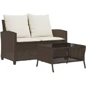 vidaXL 2-personers sofa med hynder og bord polyrattan brun