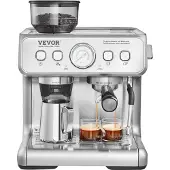 Vevor Espressomaskine med kværn, 15 bar halvautomatisk espressomaskine med mælkeskummer, dampstav, aftagelig vandtank og trykmåler til cappuccino, latte, machiato, PID-kontrolsystem