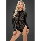 Noir Handmade F287 Langærmet Bodystocking med Leopardmønster og Lynlås