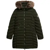 Superdry Superdrytil kvinder. W5011789A Fuji mellemlang frakke med hætte og imiteret pelskant, grøn (S), Casual, Genanvendt polister, Bæredygtig