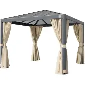 PRIMEYARD 3x3m, hardtop havepavillon, inkl. 4 sidegardiner, champagnefarvet