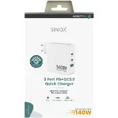 Sinox PRO 230V 2xUSB-C 1xUSB-A oplader 140W. Hvid, Indendørs, USB, 28 V, Hvid
