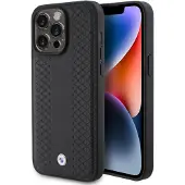 BMW Læderetui med diamantmønster til iPhone 15 Pro - sort