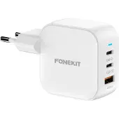FoneKit GaN PD 70W AC-strømadapter, USB-C + USB-C + USB-A, hvid
