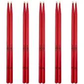 Gear4Music 5A Wood Tip Hickory Drumsticks Red 5 Pack