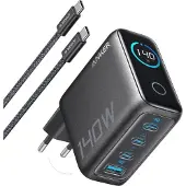 Anker Oplader 140W 4-port med USB-C-kabel - Mørkegrå
