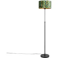 QAZQA Sort gulvlampe med fløjlsskærm påfugl med guld 35 cm - Parte