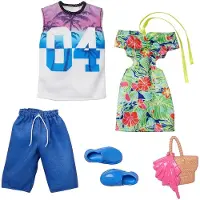 Barbie & Ken Fashions 2-pakke t?j & tilbeh?r Set 1 Tropical Dress & Tote til Doll & 1 Tropical Shirt & Shorts Outfit med sko til Ken Doll