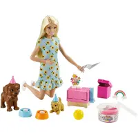 Barbie Puppy Party dukke og leges?t blond dukke med solsikke kjole 2 k?ledyr hvalpe kage formdej og tilbeh?r