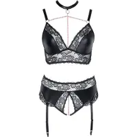 Cottelli collection Lace Matte Black Set with Open Crotch