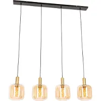QAZQA Smart pendellampe sort med messing og ravfarvet glas 4-lys inkl. 4 Wifi G95 - Zuzanna