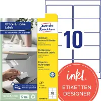 Avery Etiketter 96x50,8 mm, A4, uden lak,hvid, aftagelige til alle printere - (10 ark x 10 stk.)