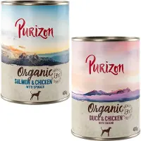 Purizon Økologisk 6 x 400 g - Mixpakke: 3 x And med kylling, 3 x Laks med kylling