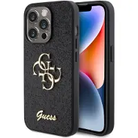 GUESS iPhone 15 Pro Fixed Glitter 4G Metal Logo Cover - Sort