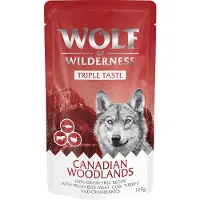 Wolf of Wilderness 12 x 125 g "Triple Taste" Canadian Woodlands - Okse, Torsk, Kalkun