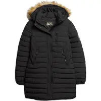 Superdry Superdrytil kvinder. W5011564A Fuji mellemlang quiltet frakke med hætte, sort (M), Casual, Polyester, Lange ærmer