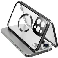 Mtp Products Dobbeltsidet hærdet glas + magnetisk metalramme Anti-Drop Case til iPhone 15 Kompatibel med MagSafe Phone Cover med spændelås - Sort