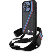 BMW M Edition Carbon Tricolor Lines & Strap-etui til iPhone 15 Pro - sort