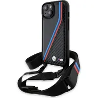 BMW M Edition Carbon Tricolor Lines & Strap-etui til iPhone 15 / 14 / 13 - sort