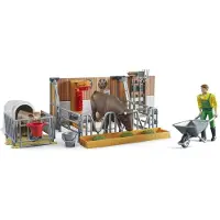 BRUDER bworld Cow and Calf Barn with farmer toy