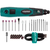 Vonroc Multitool 4V | Roterende Multiværktøj | Slibning, Boring, Gravering, Polering & Skæring | Incl. 31‑dele tilbehør, USB‑ladekabel & taske