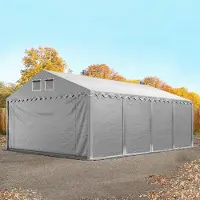 TOOLPORT 5x8m PVC lagertelt, grå, med bundramme, med statikpakke (blød undergrund)