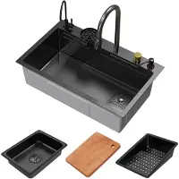 ECD-Germany Indbygningsvask med armatur komplet sæt 8-delt antracit 75x46 cm af rustfrit stål ML-Design